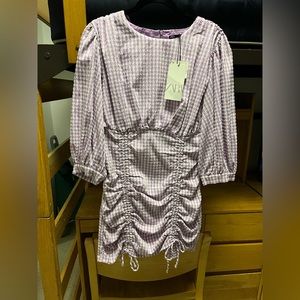 Zara gingham check puff sleeve lilac mini runched hem dress